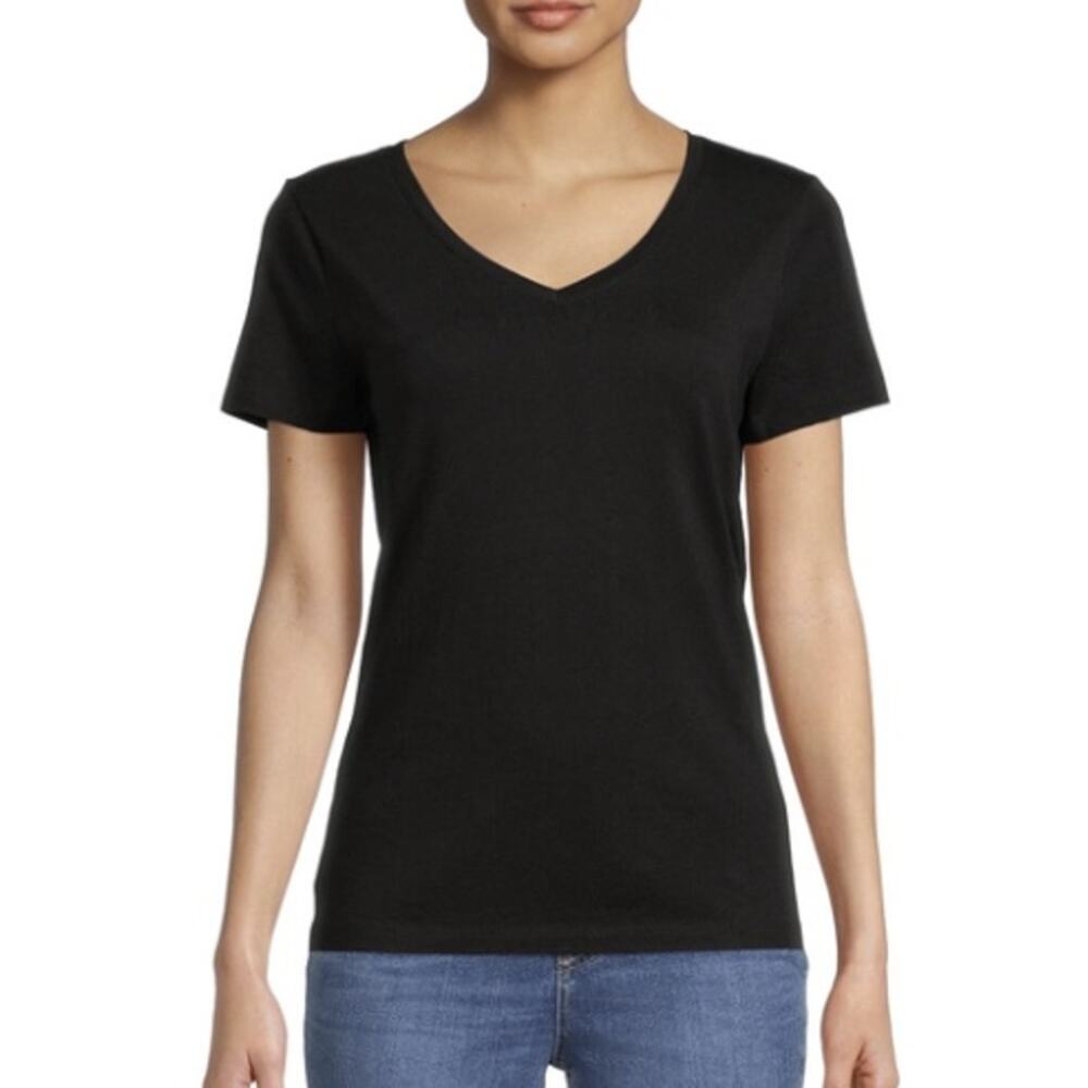 Time and Tru Womens XL Short Sleeve V Neck T-Shirt Cotton Polyester Black